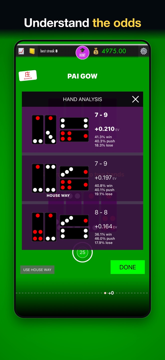 Understand the odds: every way to set the hand ranked with expected value and win, lose, and push odds