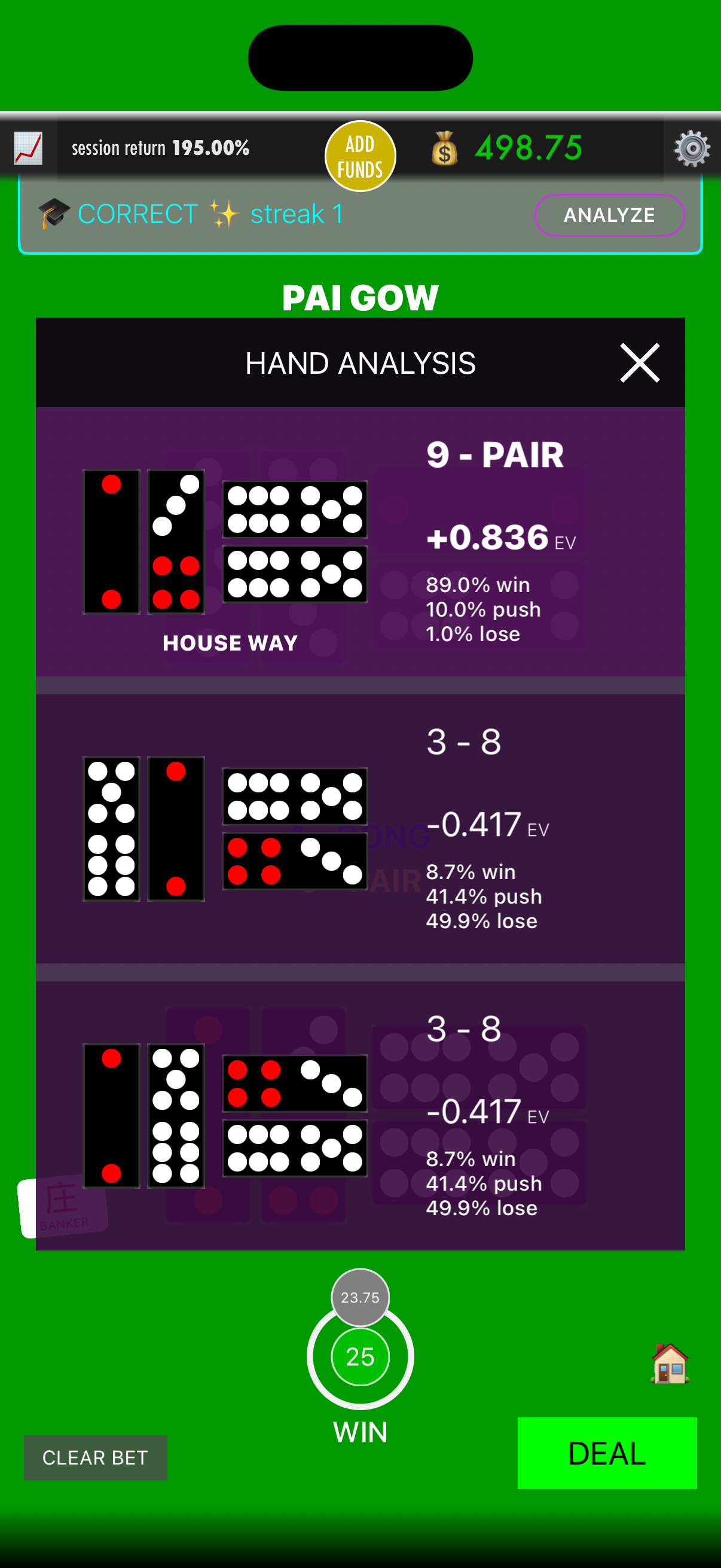 Pai Gow hand analysis comparing the house way, alternative arrangements, and outcome probabilities