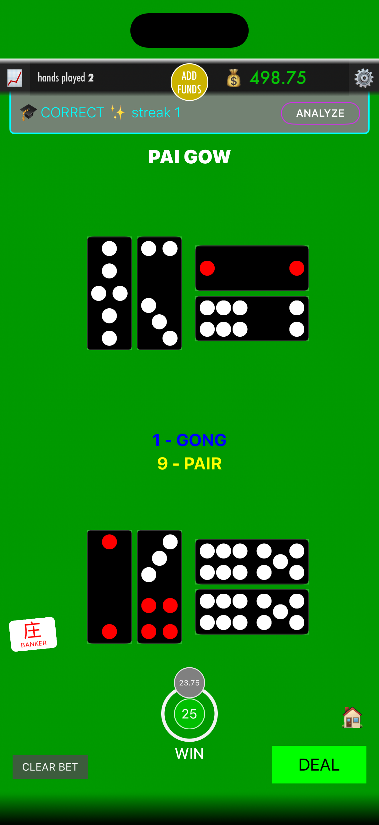 Completed Pai Gow Tiles hand with correct strategy feedback and the banker comparison