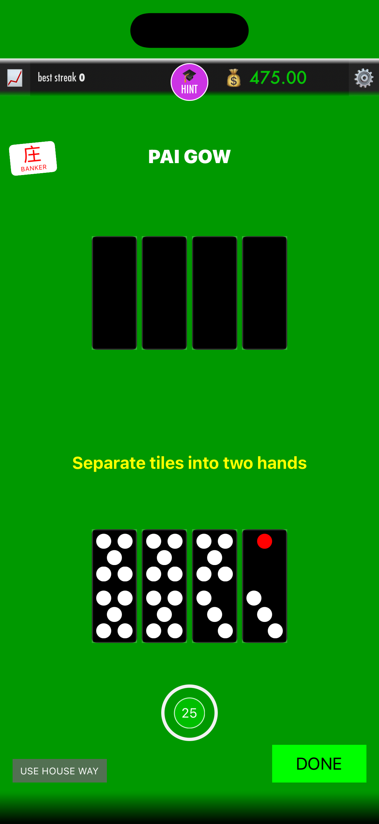 Pai Gow Tiles gameplay with four tiles to arrange and a house-way option