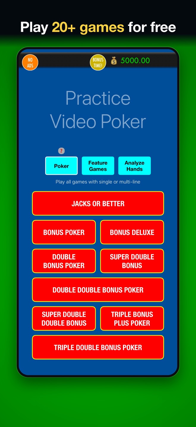 Play 20+ games for free: the Practice Video Poker game list