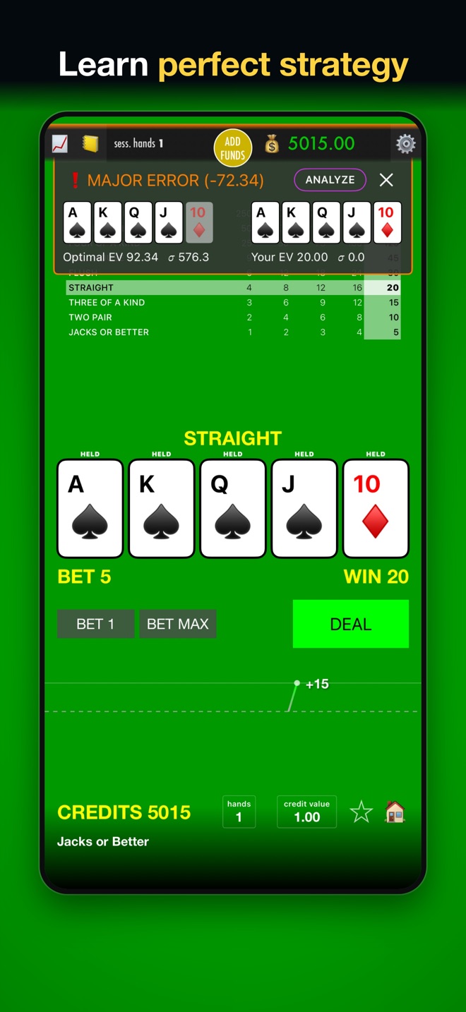 Learn perfect strategy: a Jacks or Better mistake banner showing the optimal hold and its expected value