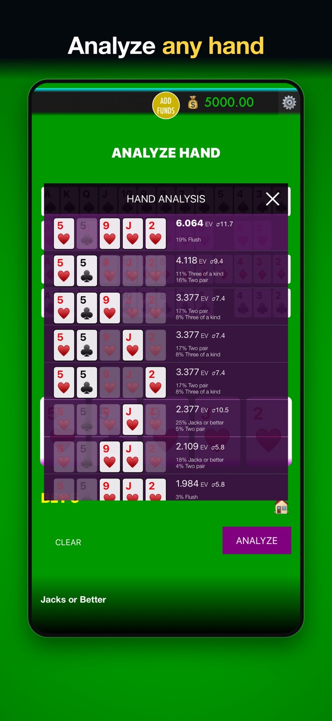 Analyze any hand: every hold ranked by expected value