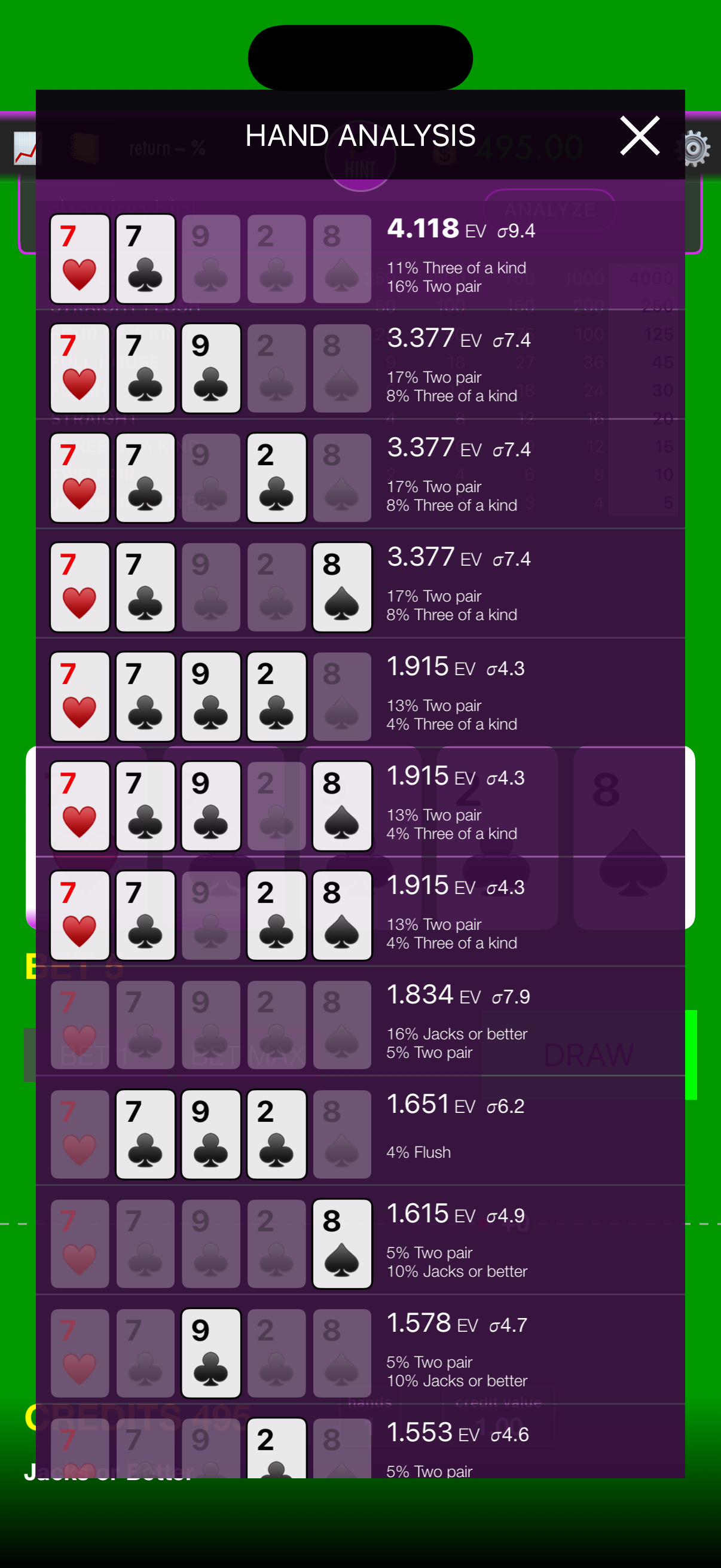 Video poker hand analysis comparing holds, expected values, and outcome probabilities