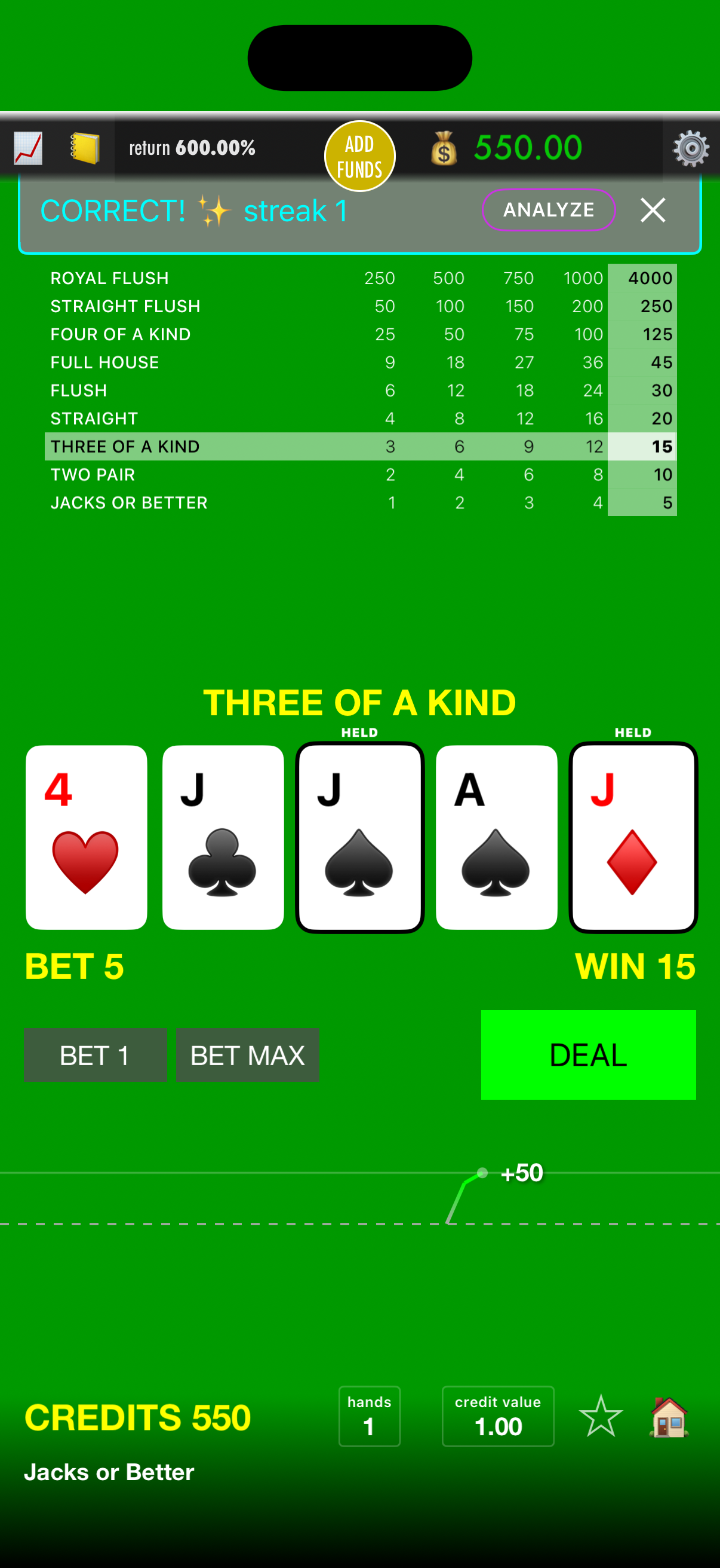 Jacks or Better gameplay with a three-of-a-kind result and correct strategy feedback